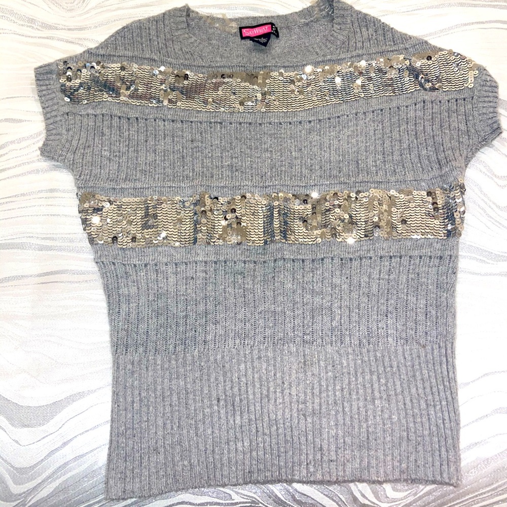 Sequined what striped gray sweater!